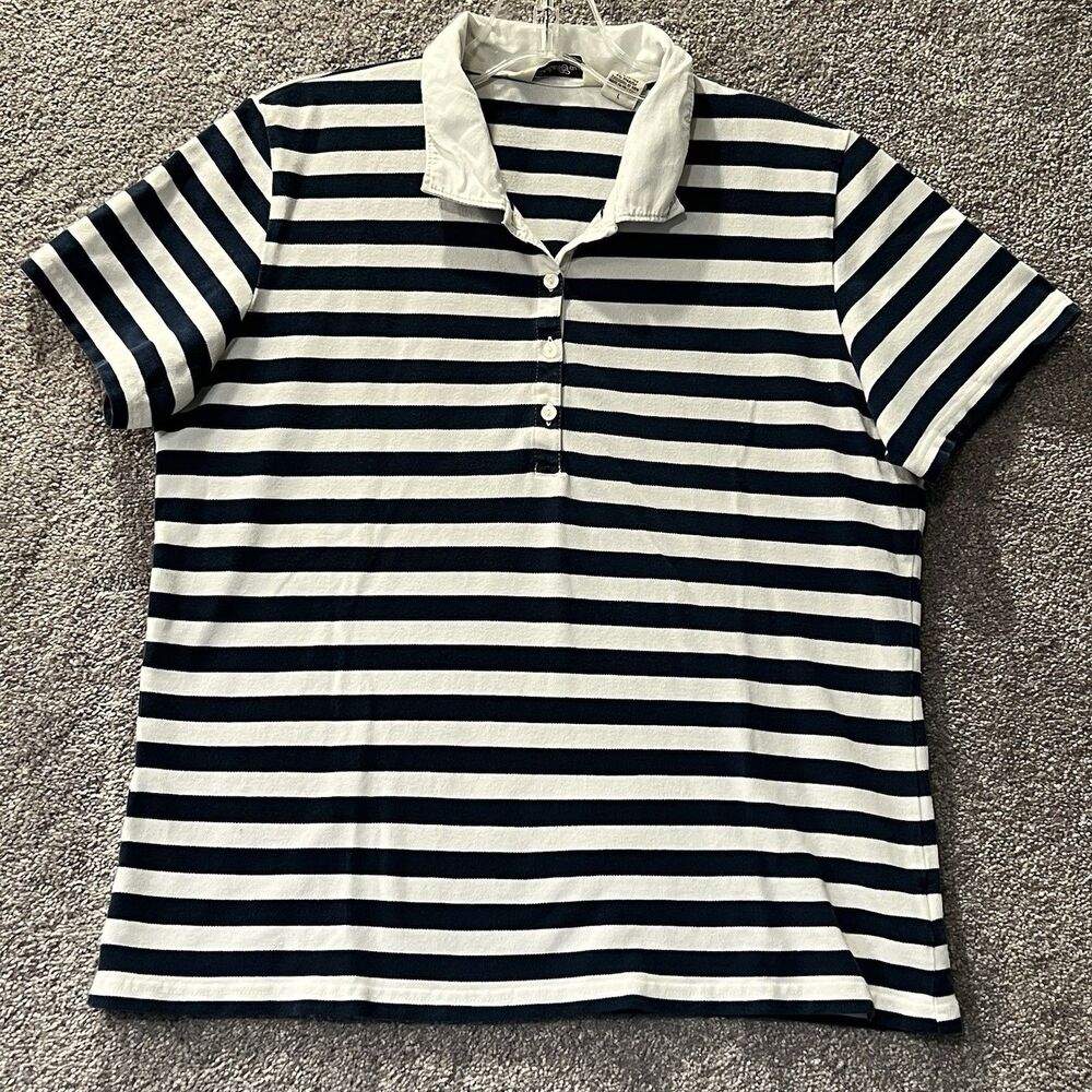 Eddie Bauer Polo Shirt Womens Large Blue White Striped Short Sleeve Cotton Blend